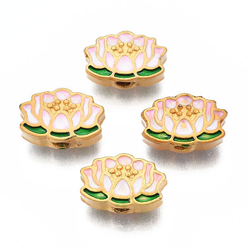 Rack Plating Alloy Enamel Beads, Cadmium Free & Lead Free, Matte Gold Color, Lotus, Pink, 8x12x6mm, Hole: 1.8mm