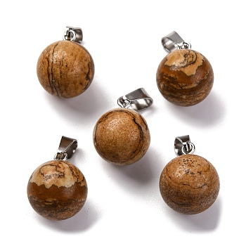 Round Natural Picture Jasper Pendants, with Platinum Tone Brass Findings, 17~19x13~14mm, Hole: 2x7mm