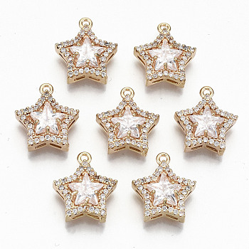 Brass Glass Rhinestone Charms, with Micro Pave Cubic Zirconia, Long-Lasting Plated, Cadmium Free & Lead Free, Star, Clear, 15x13x5mm, Hole: 1.2mm