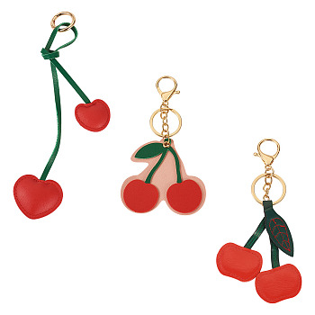 3Pcs 3 Styles PU Leather Alloy Keychains, Golden, Cherry, Red, 130~200mm, 1pc/style