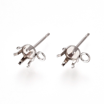 304 Stainless Steel Post Stud Earring Settings, Prong Earring Setting, with Loop, Stainless Steel Color, 15~15.5x7.2~8.7mm, Hole: 1.7mm, Pin: 0.7mm, Tray: 6mm