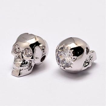 Brass Beads, Micro Pave Grade AAA Cubic Zirconia, Skull, Cadmium Free & Nickel Free & Lead Free, Real Platinum Plated, 12.5x9x10mm, Hole: 2mm