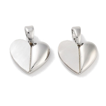 Brass Pave Natural Shell Peach Heart Charms, Platinum, 11x12.5x3mm, Hole: 3.5x2.5mm