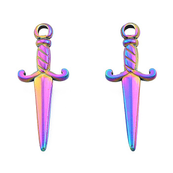 Ion Plating(IP) 201 Stainless Steel Pendants, Sword, Rainbow Color, 27.5x10.5x2.5mm, Hole: 2mm