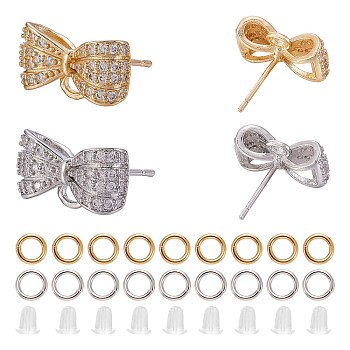 2Pairs 2 Color Brass Micro Pave Cubic Zirconia Earring Findings with Loop, with 20Pcs Brass Jump Rings, 10Pcs Plastic Ear Nuts, Bowknot, Platinum & Golden, 8x15x5mm, Hole: 1.7mm, Pin: 0.8mm, 1Pair/color