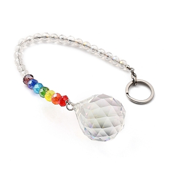 Chakra Round Ball Crystal Suncatcher Dowsing Pendulum Pendants, with 304 Stainless Steel Split Key Rings, Glass Beads, Velvet Bag, Stainless Steel Color, Colorful, 24cm