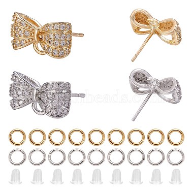 Platinum & Golden Bowknot Brass+Cubic Zirconia Stud Earring Findings