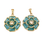 304 Stainless Steel Rhinestone Pendants, Enamel Style, Flower, Golden, Dark Cyan, 28x25x7.5mm, Hole: 7x3mm(STAS-P438-09G)