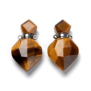 Natural Tiger Eye Perfume Bottle Pendants, with Platinum Brass Findings, Faceted, Rhombus, 27mm, Hole: 1.4mm(G-D058-11P-05)
