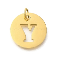 Ion Plating(IP) 304 Stainless Steel Pendants, with Jump Ring, Laser Cut, Flat Round with Letter Charm, Real 18K Gold Plated, Letter Y, 20x1mm, Hole: 4.5mm(STAS-M074-01G-Y)