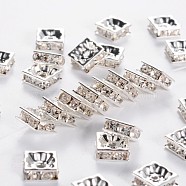 Brass Rhinestone Spacer Beads, Square, Nickel Free, Silver Color Plated, Crystal, 8x8x4mm, Hole: 1mm(RSB074NF-01S)