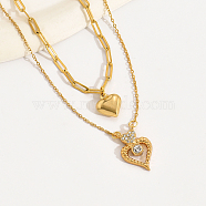 Fashionable Stainless Steel Pave Clear Cubic Zirconia Double Layer Heart Pendant Necklaces for Women, Real 18K Gold Plated, 14.17 inch(36cm)(BB3605)