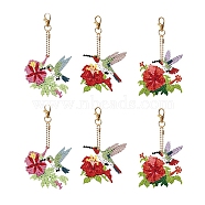 Flowr Bird DIY Diamond Painting Keychain Kit, Including Acrylic Board, Keychain Clasp, Bead Chain, Resin Rhinestones Bag, Diamond Sticky Pen, Tray Plate and Glue Clay, Mixed Color, 60.4~70.3x72.3~72.6mm, 6pcs/set(PW-WG83668-01)