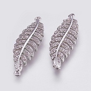 Brass Micro Pave Cubic Zirconia Links, Clear, Leaf, Platinum, 30x9.5x2mm, Hole: 1mm(ZIRC-E144-03P)