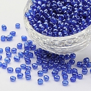 (Repacking Service Available) Glass Seed Beads, Trans. Colours Lustered, Round, Blue, 6/0, 4mm, Hole: 1.5mm, about 12G/bag(SEED-C015-4mm-108)