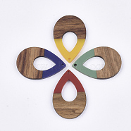 Resin & Walnut Wood Pendants, Teardrop, Mixed Color, 38x25.5x3mm, Hole: 2mm(RESI-S358-94)