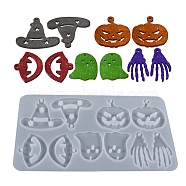 DIY Halloween Theme Pendant Silicone Molds, Resin Casting Molds, for UV Resin & Epoxy Resin Jewelry Making, Hand Skeleton, Witch Hat, Pumpkin, Ghost, Mouth, White, 105x176x5mm, Hole: 3mm, Inner Diameter: 31~47x21~48mm(DIY-I102-04)