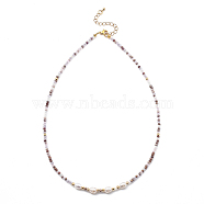 Beaded Necklaces, with Brass Beads, Glass Beads, Natural Pearl Beads and 304 Stainless Steel Lobster Claw Clasps, Golden, Plum, 17.91 inch(45.5cm)(NJEW-JN03075-01)