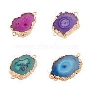 Electroplate Natural Druzy Agate Links Connectors, with Brass Findings, Dyed, Golden, Nuggets, Mixed Color, 30~50x15~30x5~7mm, Hole: 2~3mm, 4 colors, 1pc/color, 4pcs/Box(G-AR0003-93G)