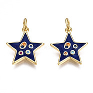 Brass Micro Pave Cubic Zirconia Enamel Charms, with Jump Rings, Nickel Free, Star, Real 16K Gold Plated, Dark Blue, 15x13.5x2mm, Jump Ring: 5x0.8mm, 3mm inner diameter(ZIRC-Q200-025A-NF)