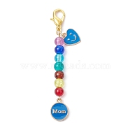 Mother's Day Flat Round with Word Mom & Heart Alloy Enamel Pendant Decorations, Glass Beads and Lobster Claw Clasps Charm, Dodger Blue, 76mm(HJEW-JM01510-05)
