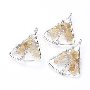 Long-Lasting Plated Brass Pendants, Wire Wrapped Pendants, with Natural Citrine Chips, Triangle with Tree, Platinum, 39~40x30~31x4~8mm, Hole: 4.5mm(KK-D531-02P-04)
