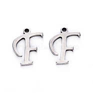 201 Stainless Steel Charms, Laser Cut, Stainless Steel Color, Letter.F, 12x10x1mm, Hole: 1mm(STAS-R105-F)