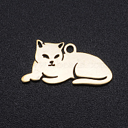 201 Stainless Steel Kitten Pendants, Laser Cut, Lying Cat Shape, Golden, 9.5x19x1mm, Hole: 1.2mm(A-STAS-N090-JN857-2)