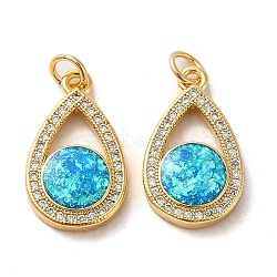 Brass Micro Pave Cubic Zirconia with Synthetic Opal Pendants, with Jump Ring, Teardrop, Real 18K Gold Plated, 20.5x12x3.5mm(KK-D096-09G)