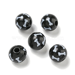 Printed Wood European Beads, Round with Bone Pattern, Black, 15.5~16mm, Hole: 4~4.5mm(WOOD-G022-04B)