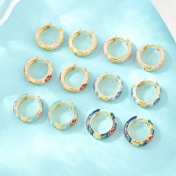 Brass Enamel Hoop Earrings, Flower Pattern, Lead Free & Cadmium Free, Rack Plating, Long-Lasting Plated, Real 18K Gold Plated, Mixed Color, 20x6mm(KK-CBA8324-13G)