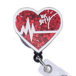 Sequin Quicksand Effect Acrylic & ABS Plastic Badge Reel, Retractable Badge Holder, Heart, 90mm, Heart: 42x45mm, 1pc/box(AJEW-SZ0002-45A)