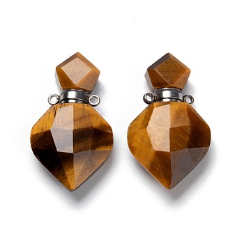 Natural Tiger Eye Perfume Bottle Pendants, with Platinum Brass Findings, Faceted, Rhombus, 27mm, Hole: 1.4mm