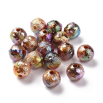 UV Plating Rainbow Iridescent Acrylic Beads, with Gold Foil, Textured, Round, Sienna, 16x15mm, Hole: 4mm