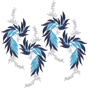 4Pcs 2 Style Leaf Computerized Embroidery Cloth Iron on/Sew on Patches, Costume Accessories, Appliques, Dodger Blue, 170x80x0.8mm, 2pcs/style