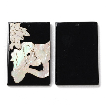 Opaque Human Lying Down Pattern Acrylic Pendants, with Shell, Black, Rectangle, 37.5x24~24.5x2.3mm, Hole: 1.5mm