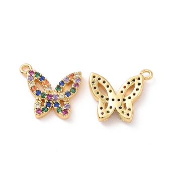 Butterfly Brass Micro Pave Colorful Cubic Zirconia Charms, Cadmium Free & Nickel Free & Lead Free, Real 18K Gold Plated, 11x12x2mm, Hole: 1mm