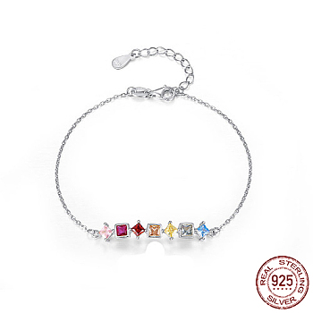 Rhodium Plated 925 Sterling Silver Rectangle Link Bracelet, with Colorful Cubic Zirconia, with S925 Stamp, Platinum, 6-3/4 inch(17cm)