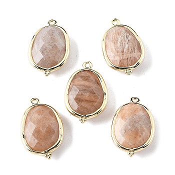 Natural Sunstone Faceted Oval Connector Charms, with Brass Findings, Golden, Rack Plating, 22x13.5x6mm, Hole: 1.4mm