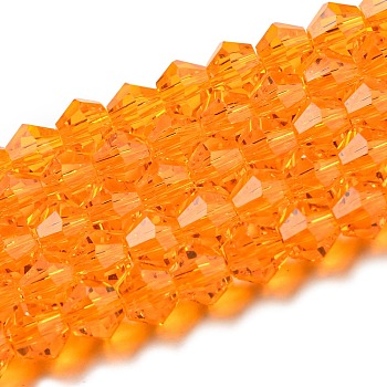 Transparent Glass Beads Strands, Faceted, Bicone, Orange, 4x4mm, Hole: 0.8mm, about 87~98pcs/strand, 12.76~14.61 inch(32.4~37.1cm)