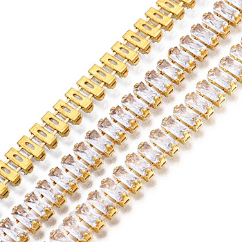 Rectangle Cubic Zirconia Strass Chains, Gold Plated Brass Link Chains, Soldered, with Spool, Clear, 6mm, about 16.40 Feet(5m)/Roll