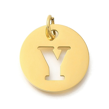 Ion Plating(IP) 304 Stainless Steel Pendants, with Jump Ring, Laser Cut, Flat Round with Letter Charm, Real 18K Gold Plated, Letter Y, 20x1mm, Hole: 4.5mm