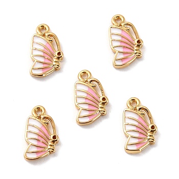 Brass Enamel Pendants, Long-Lasting Plated, Cadmium Free & Lead Free, Real 18K Gold Plated, Butterfly, Pink, 11x6.5x1.5mm, Hole: 1mm