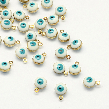 Golden Tone Brass Enamel Charms, Enamelled Sequins, Flower with Eye, White, 9x7x5mm, Hole: 1mm