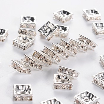 Brass Rhinestone Spacer Beads, Square, Nickel Free, Silver Color Plated, Crystal, 8x8x4mm, Hole: 1mm