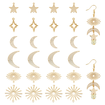 DIY Jewelry Making Finding Kit, Including Brass Pendant and Link Charms, Sun & Moon & Star, Real 24K Gold Plated, 15~30x12.5~28x0.5~0.8mm, Hole: 1.2~1.8mm, 24Pcs/box