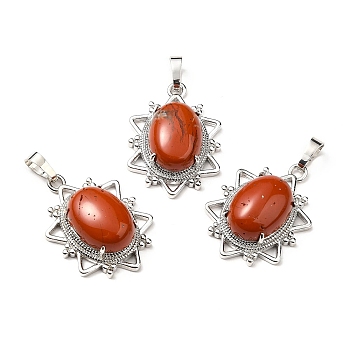 Natural Red Jasper Pendants, Flower Charms, with Platinum Tone Brass Findings, Cadmium Free & Lead Free, 32x23x9.5~10.5mm, Hole: 7x5mm