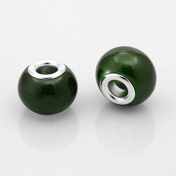 Spray Painted Glass European Beads, Large Hole Rondelle Beads, with Silver Tone Brass Cores, Dark Green, 14x11mm, Hole: 5mm