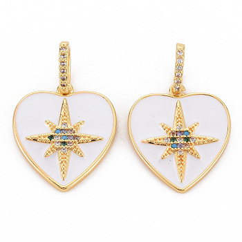Brass Micro Pave Colorful Cubic Zirconia Pendants, with Enamel, Nickel Free, Real 18K Gold Plated, Heart, White, 20x18x2mm, Hole: 7x3.5mm