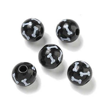 Printed Wood European Beads, Round with Bone Pattern, Black, 15.5~16mm, Hole: 4~4.5mm